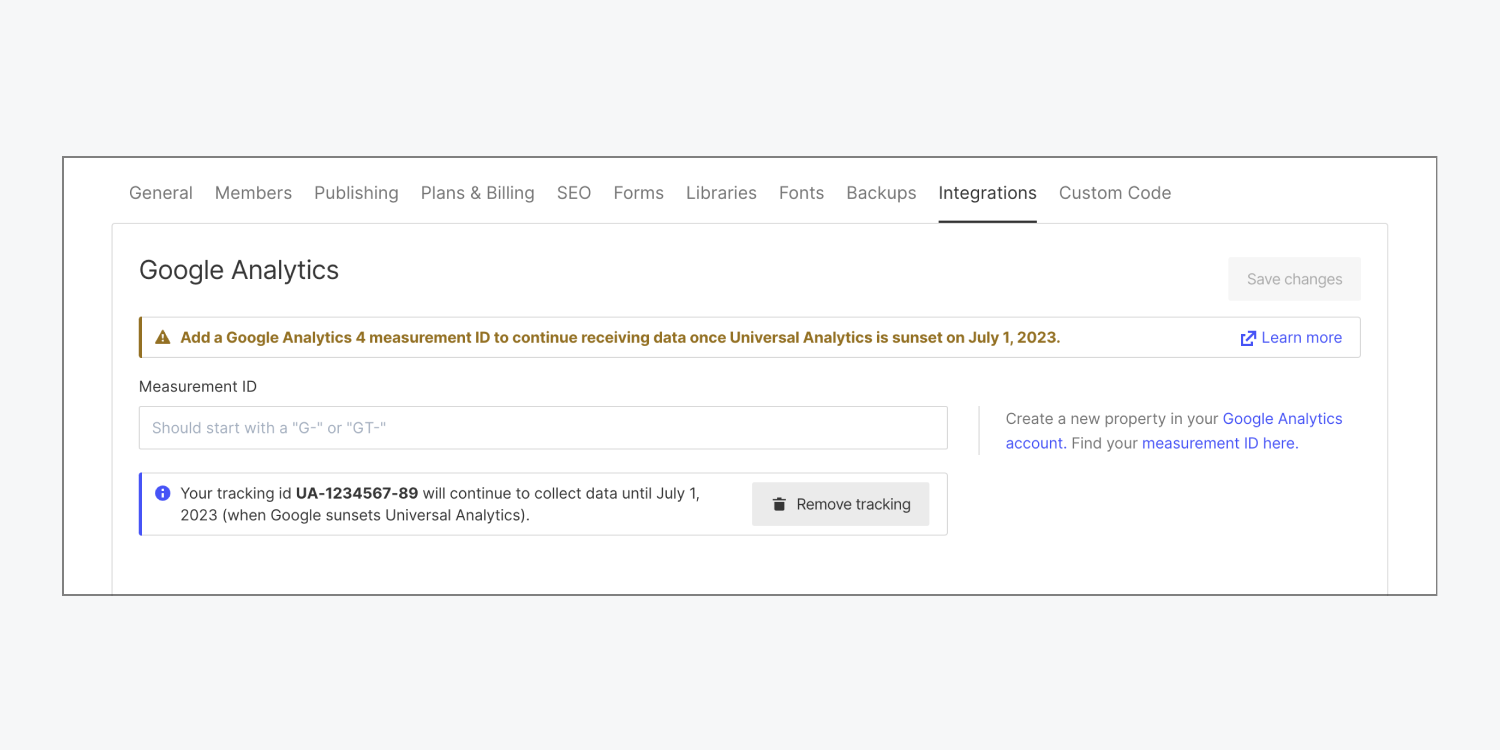 An empty Measurement ID field and a callout box with a previously-used Universal Analytics ID in the Google Analytics section of the Integrations tab.