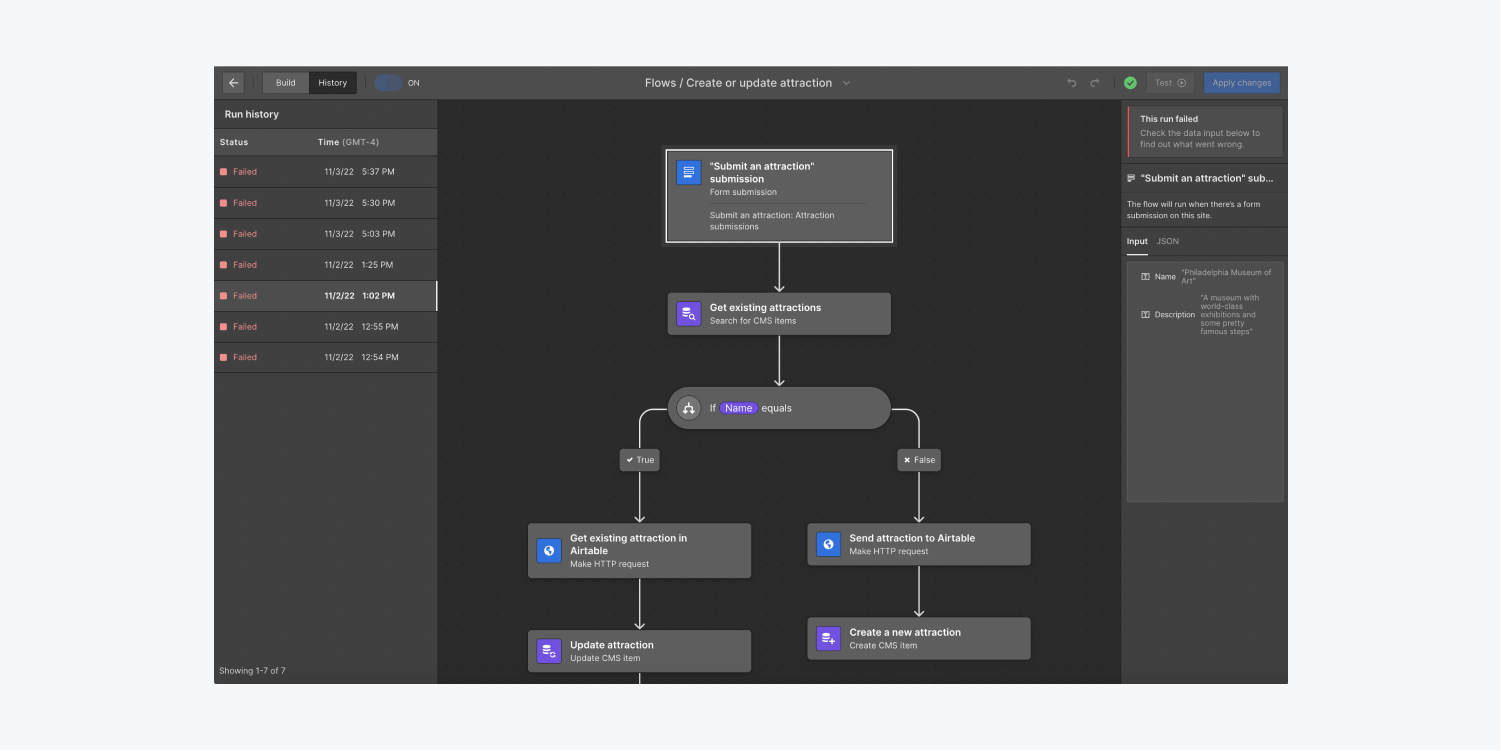 Run history shows the input data that triggered the failed flow. An error message reads: “This run failed. Check the data input below to find out what went wrong.” 