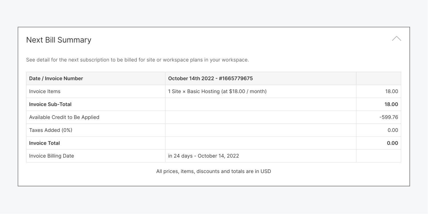 The next bill summary section is shown in the Billing tab of a Workspace’s settings.