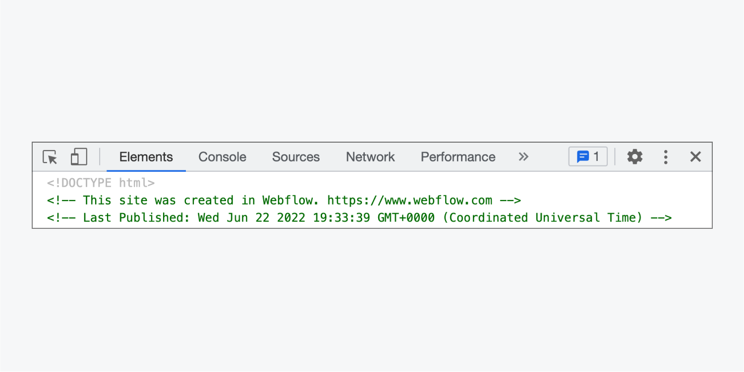 Code comment at the top of a site’s HTML document shown in the dev tools Inspector reads: “This site was created in Webflow. https://www.webflow.com” 