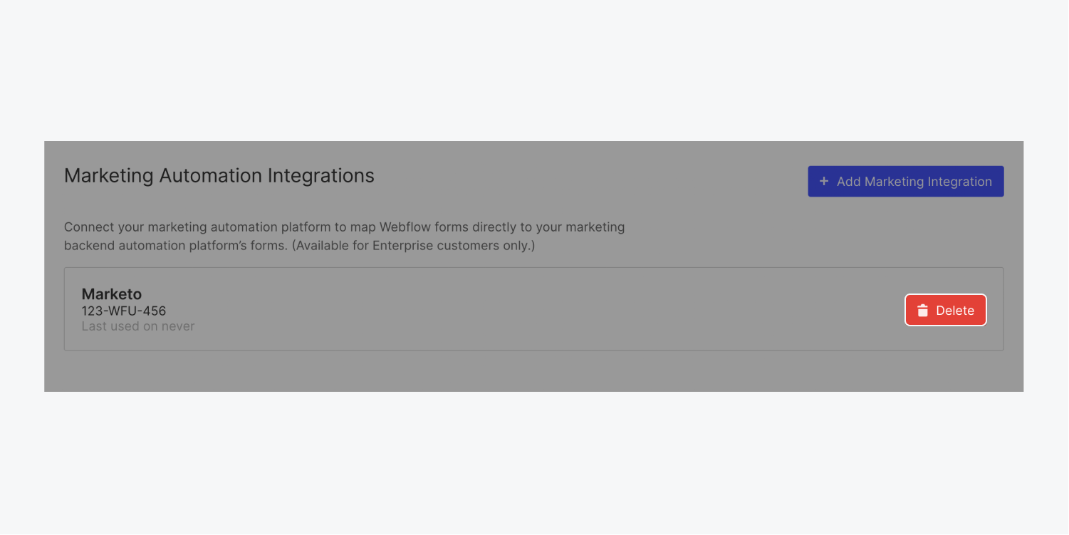 The Delete button is highlighted in the Marketing automation integrations section.