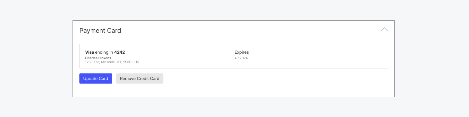 The payment card section is shown in the Billing tab of a Workspace’s settings.