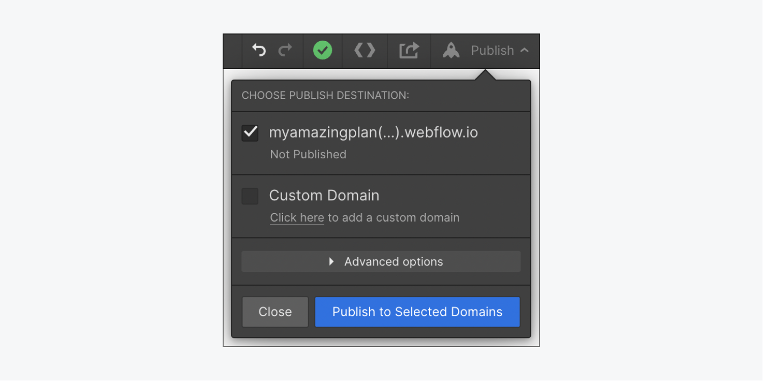 The webflow.io domain is checked in the Publish menu in the Designer.