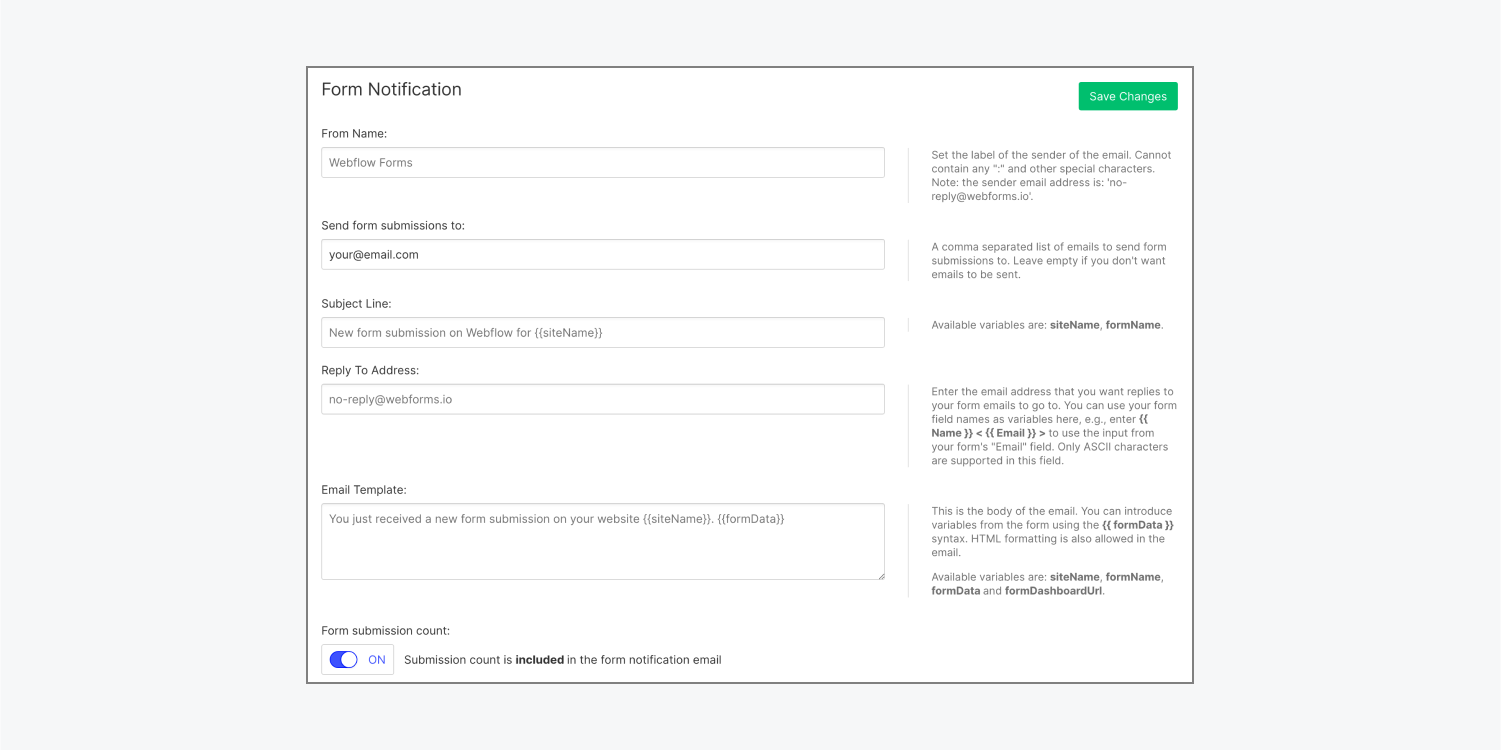 Form notification settings within the Forms tab of site settings.