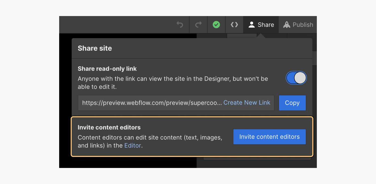 The “Invite content editors” section is highlighted in the “Share site” modal window.