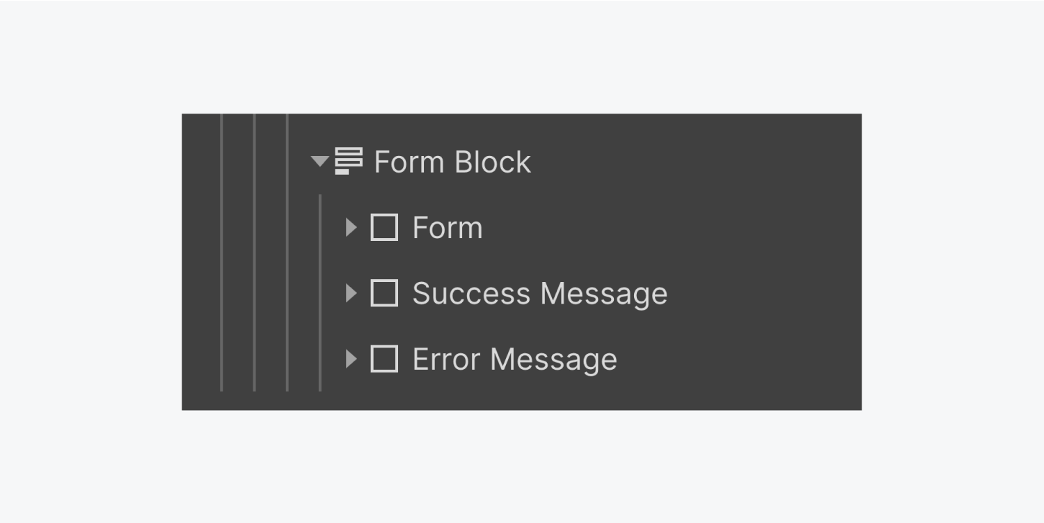 The Form block element expanded in the Navigator panel to reveal its child elements: Form, Success message, and Error message. 