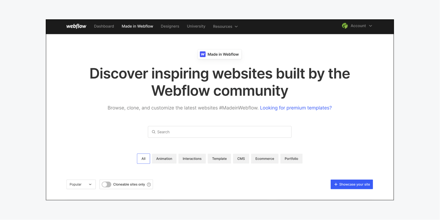 The Made in Webflow homepage.