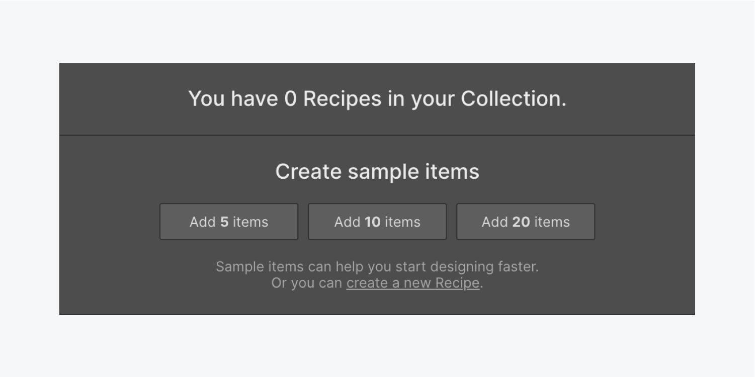 The option to add 5, 10, or 20 sample items to a CMS collection is shown.