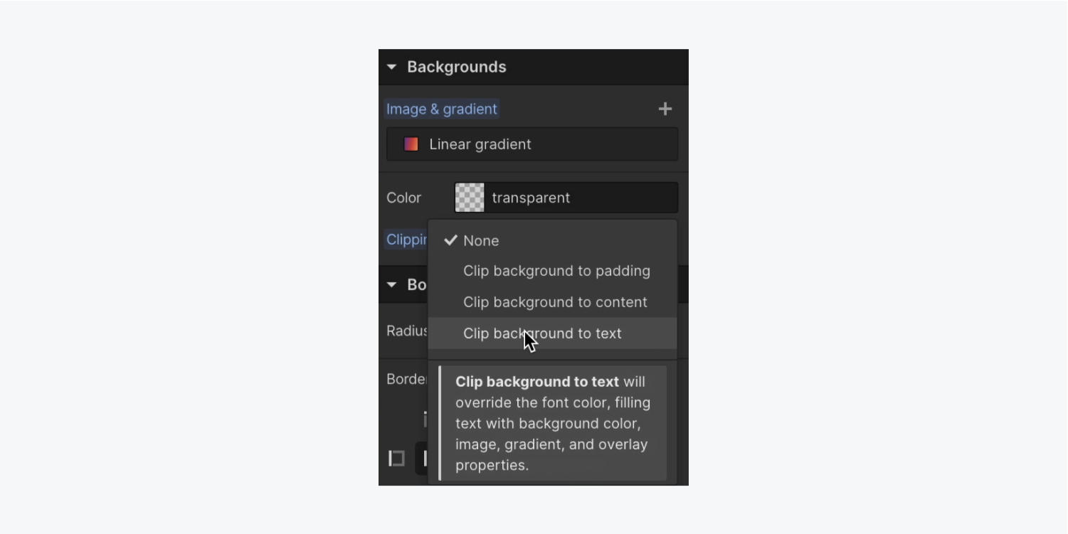 “Clip background to text” is selected under Clipping in the Style panel’s Backgrounds section to clip a gradient to text.