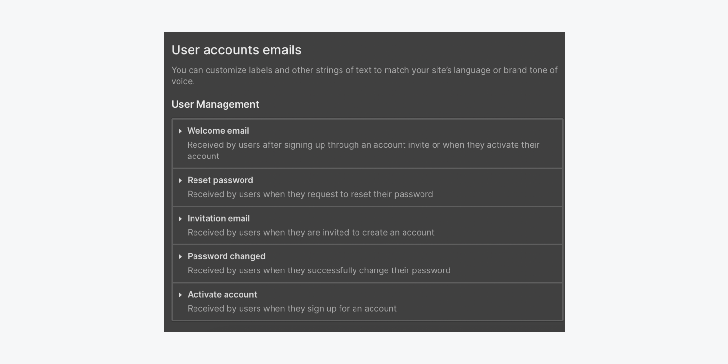 The list of 5 User management emails is displayed under User accounts emails in Email settings.