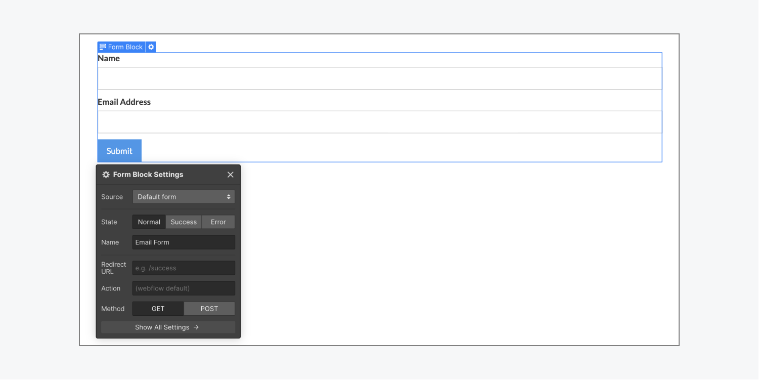 The default Form block element on the Webflow canvas, with the Form block settings modal window open.