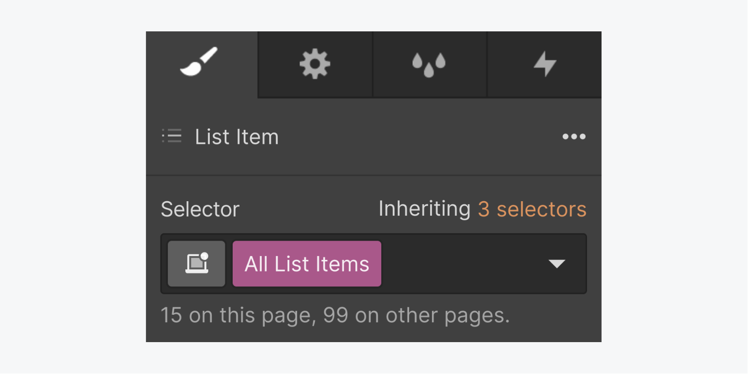 The All list items tag is selected and appears in the Style panel’s Selector field.