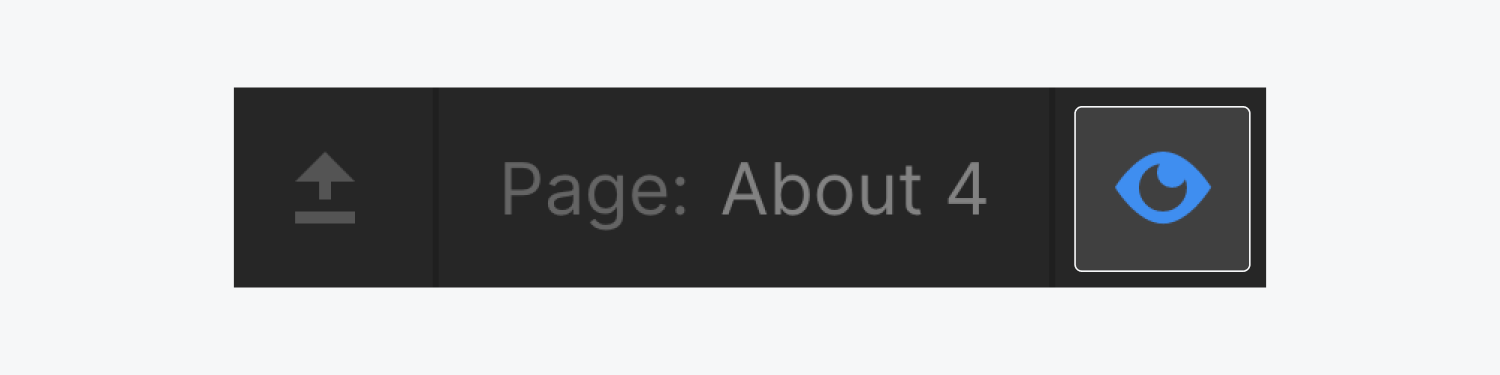 The preview eye icon is highlighted in the top left section of the designer. Next to the icon is the page name and the top bar visibility toggle arrow icon.