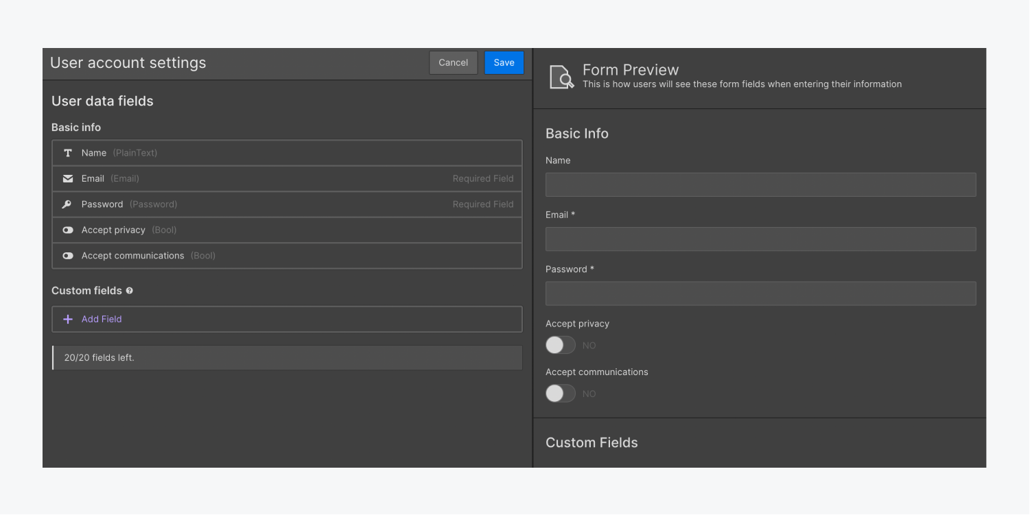 The User account settings and Form preview sections.