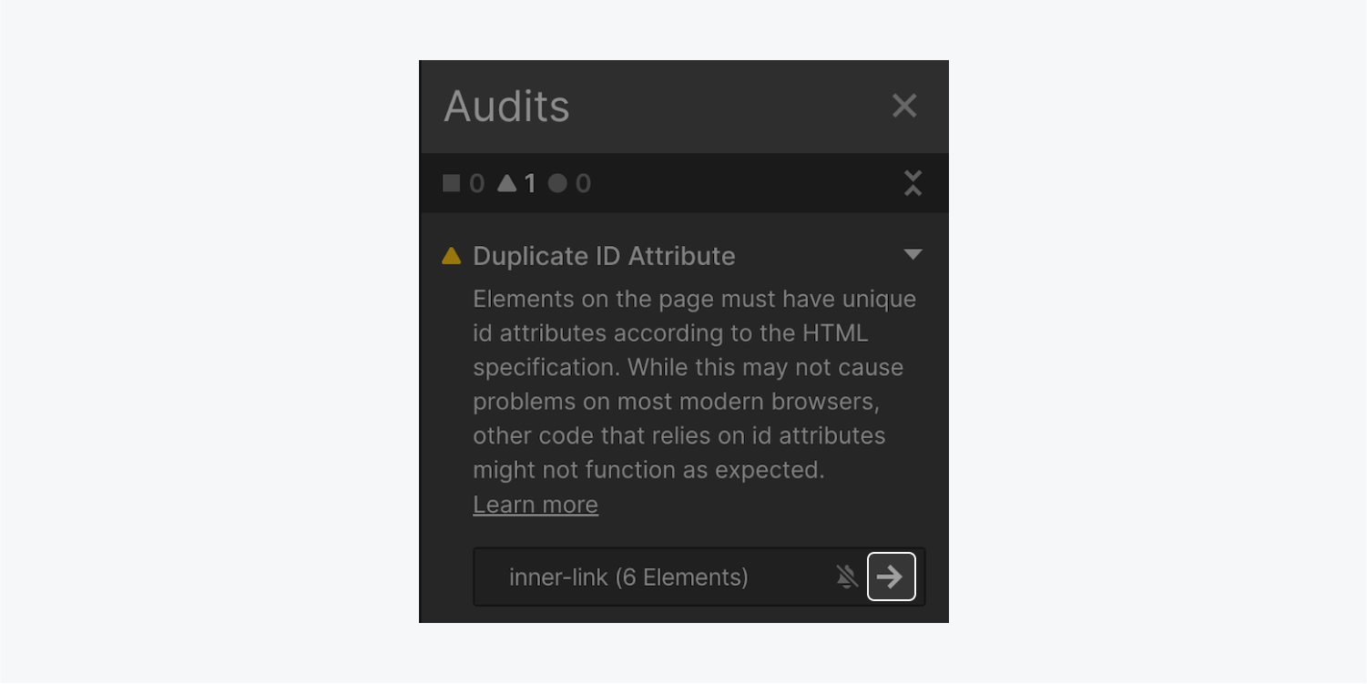 The Audit panel shows a warning for duplicate ID attributes “inner-link” used on 6 elements. The arrow next to the inner-link ID is highlighted. 