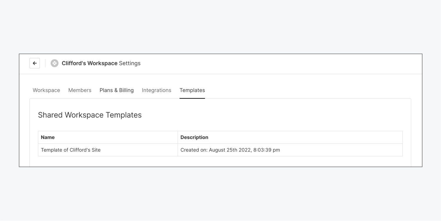 The Shared Workspace templates section in the Templates tab of Workspace settings. There’s one example template and a description of when it was created.