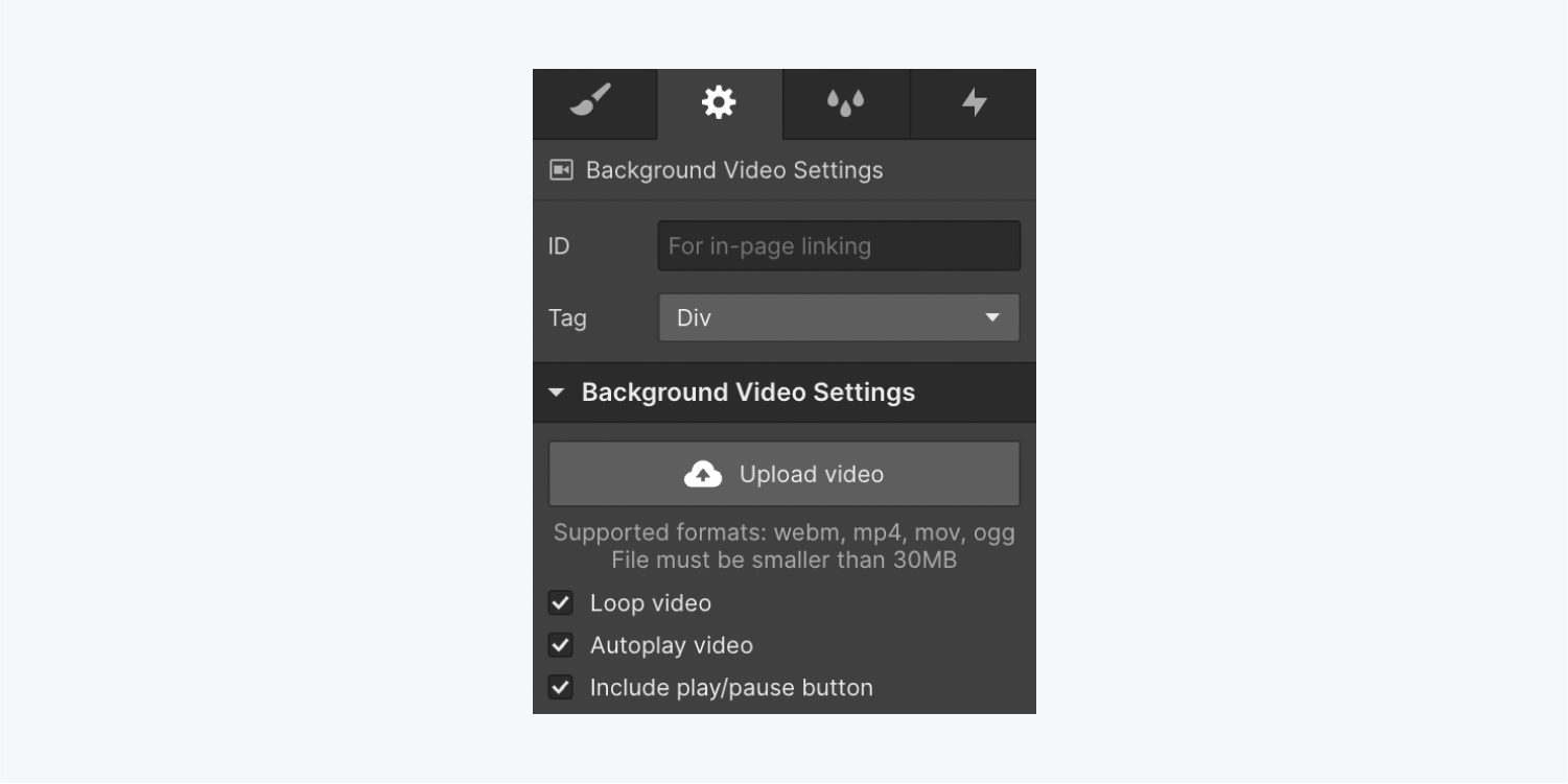 The Background video settings section of the Element settings panel.