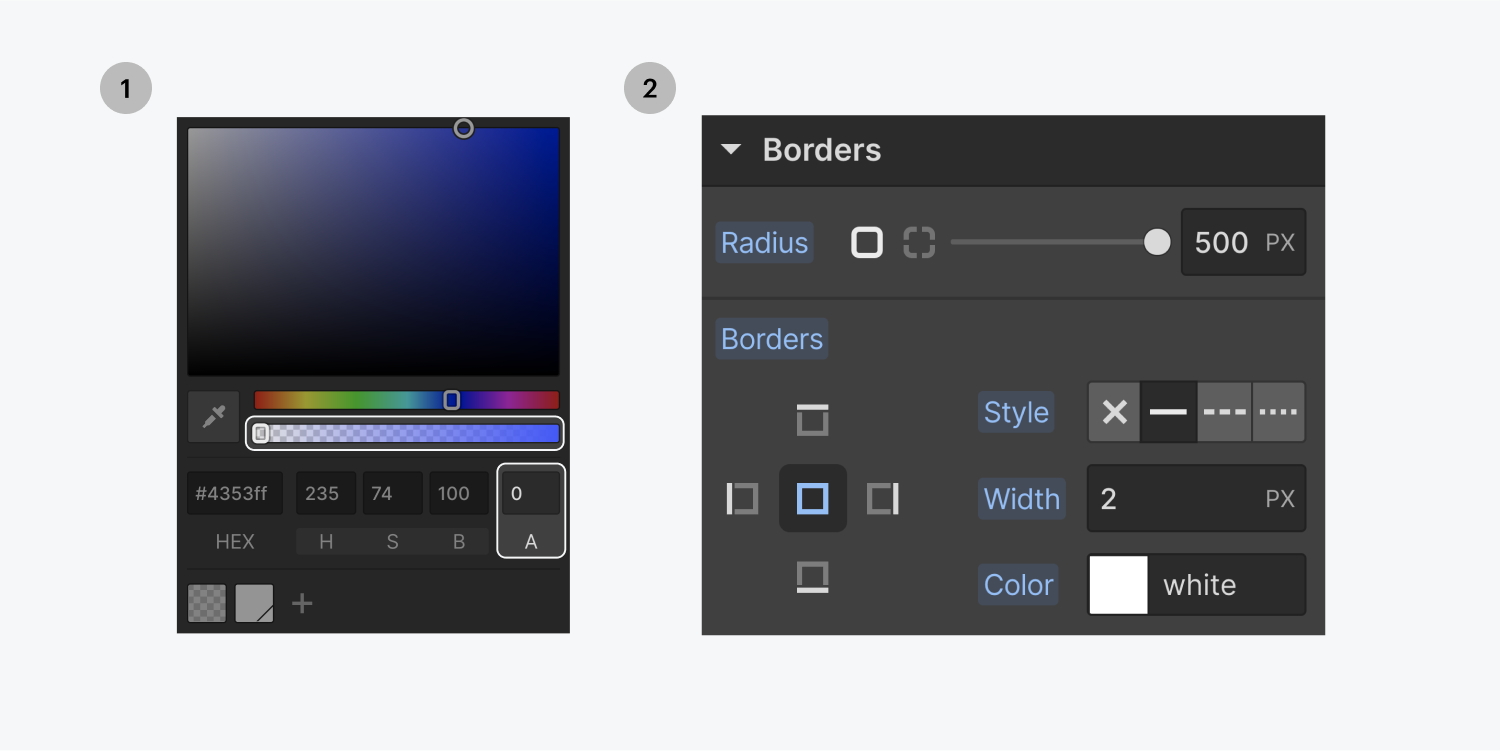 Step one on the left, the background color opacity is set to 0%. The transparency slider and Alpha input field are highlighted on the color picker modal window. Step two on the right, a border is added to the button element with a 500 pixel radius, 2 pixel width and the color white on the borders settings panel.