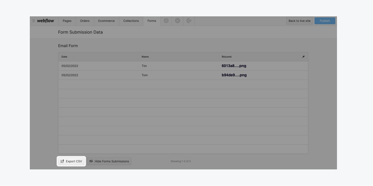 The “Export CSV” button is highlighted in the form submission data section of the Forms tab in the Editor.