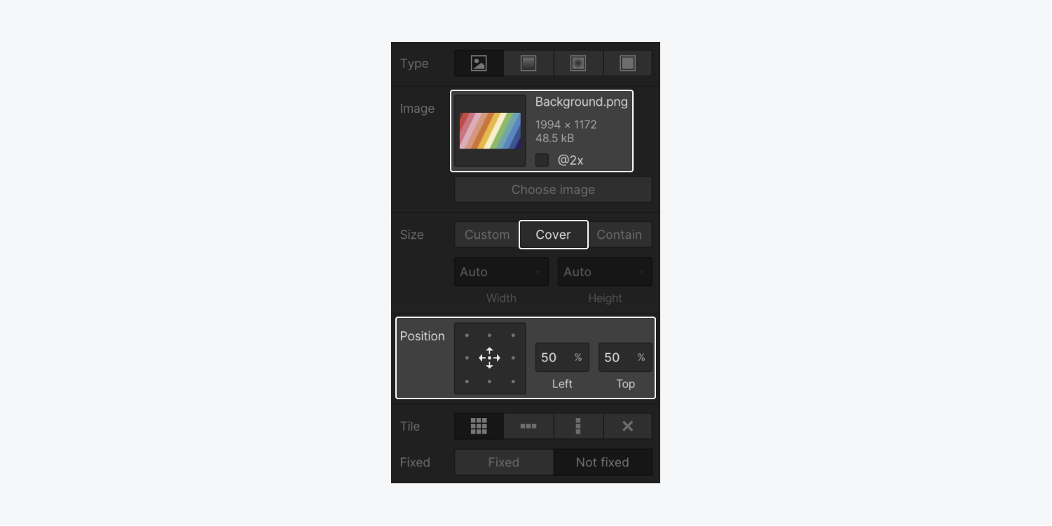 In the Backgrounds section of Webflow's Style panel, set the image, set its size to "Cover," and choose its position (e.g., the center dot). 