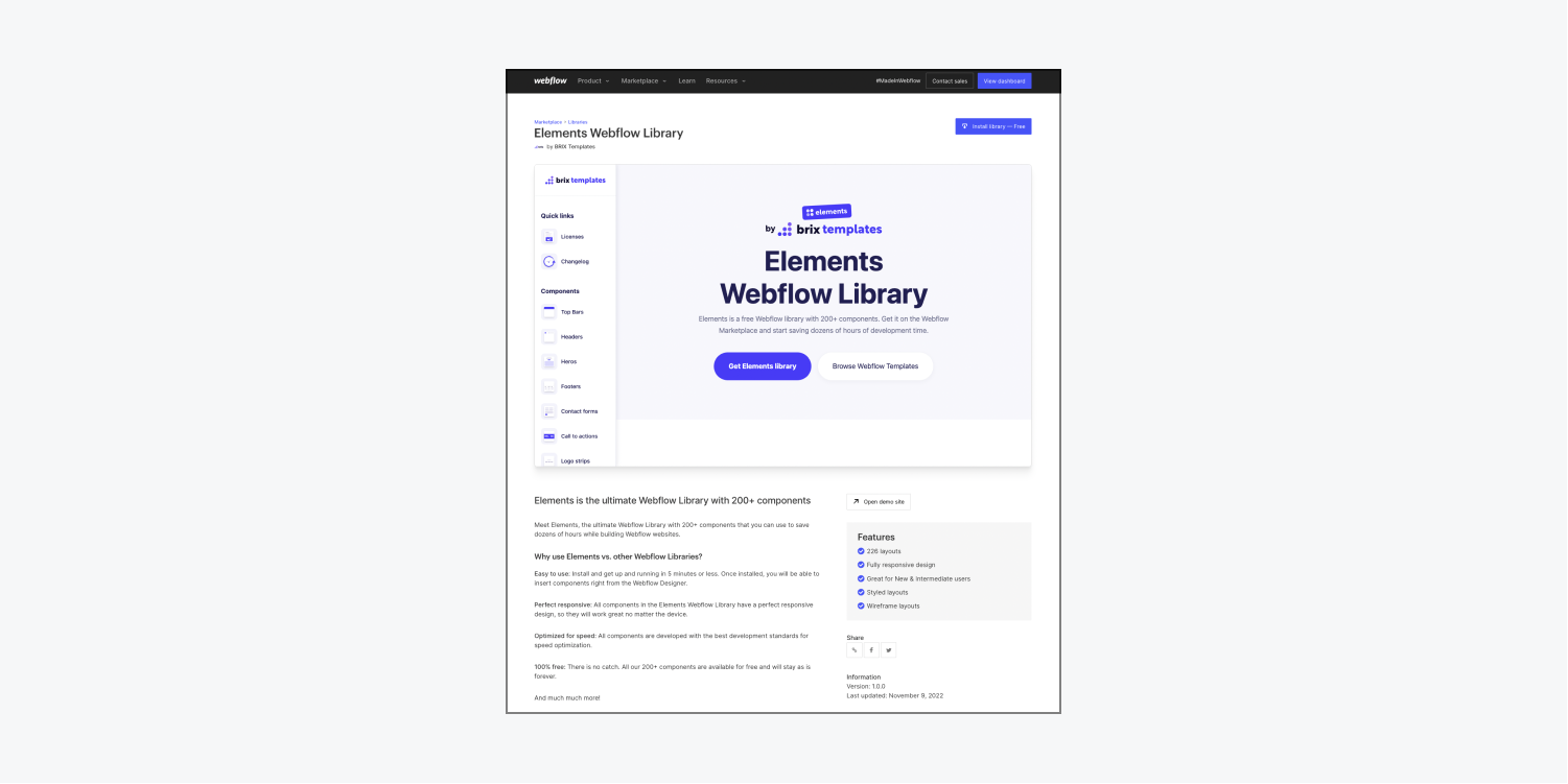 An example Library’s description page in the Webflow Marketplace.