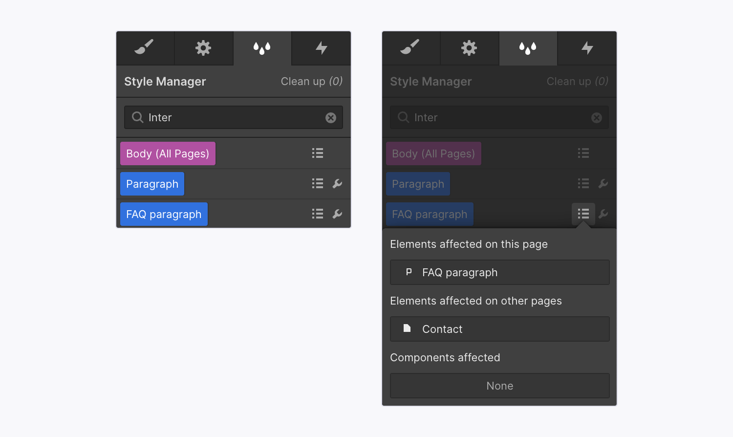 The Style manager search for the custom font “Inter” shows that the Body (All pages) tag and two classes use the font. The list icon is highlighted to show the elements affected on the current and other pages.