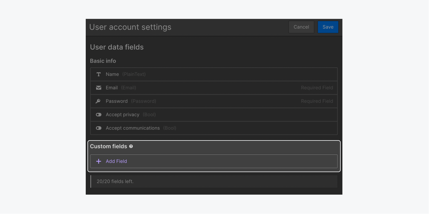 The Custom fields section is highlighted in User account settings.