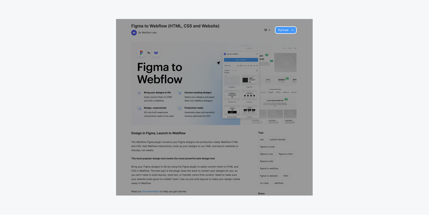 The “Try it out” button is highlighted on the Figma to Webflow plugin page.