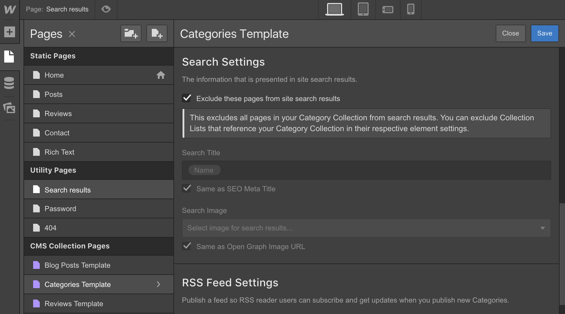 Exclude Collections from search in the Page Settings for the Collection Page.