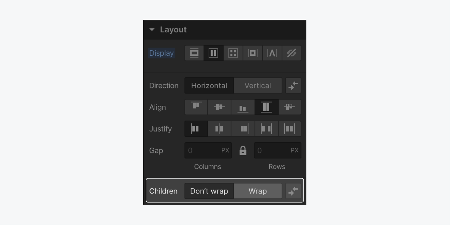 The flexbox wrap children option is highlighted in the Layout section of the Style panel.