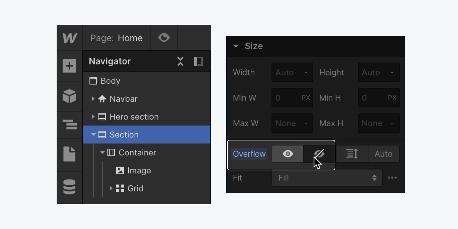 The parent element (a Section) of an element causing overflow is shown highlighted, and set to Overflow: hidden.