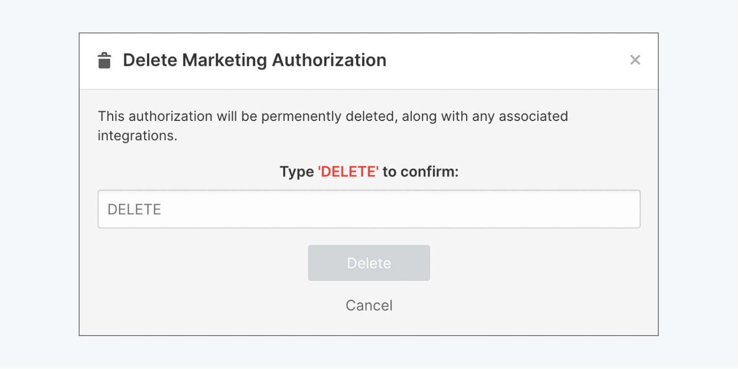 The “Delete marketing authorization” modal window.