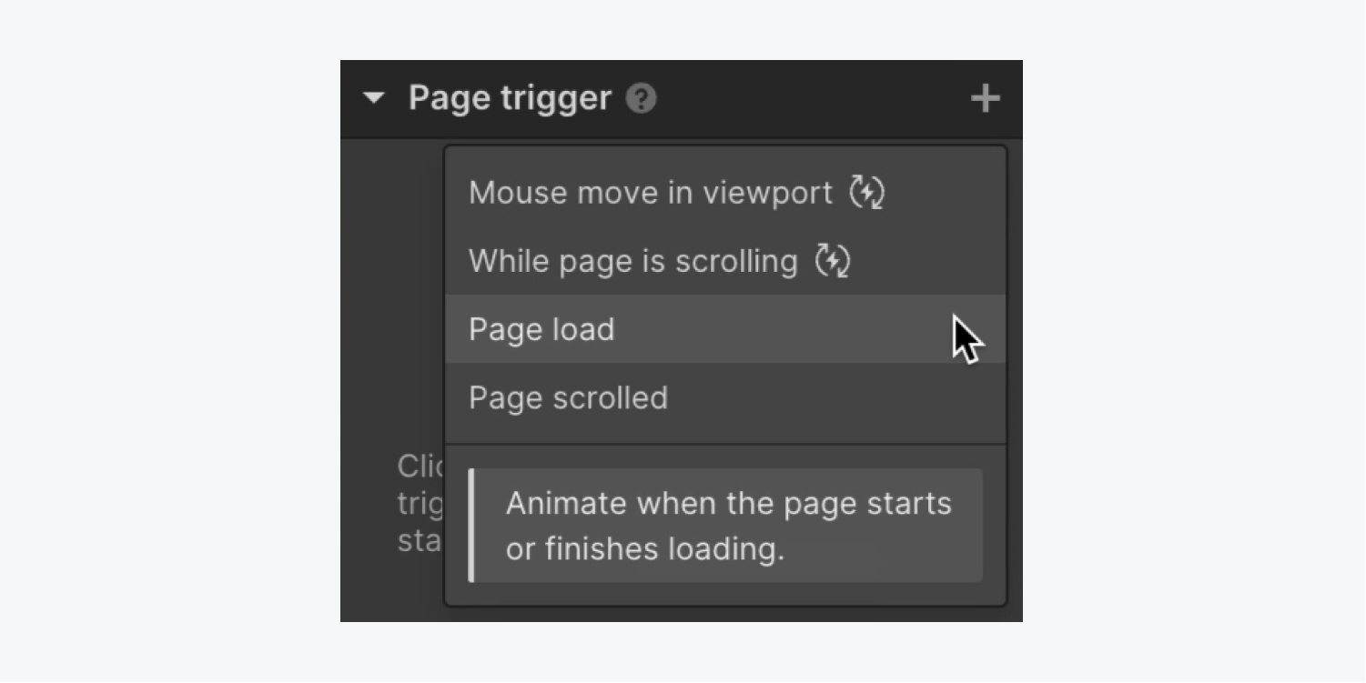 In the Page trigger section of the Interactions panel, the mouse is hovering over the Page load option.