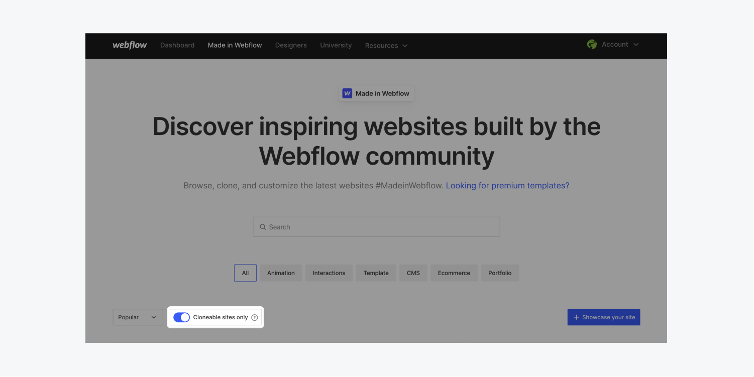 The “Cloneable sites only” toggle is switched to “on” on the Made in Webflow homepage.