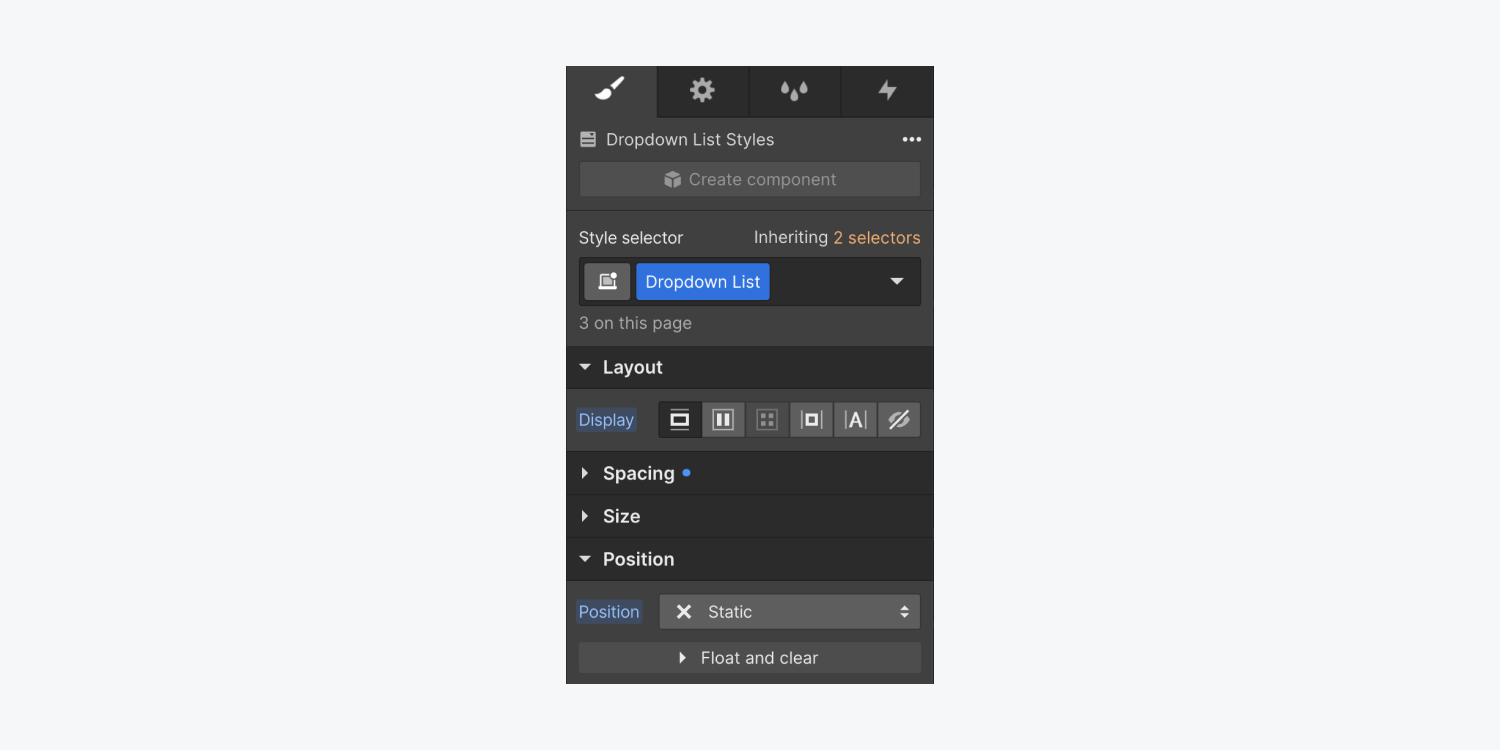 Position settings for the dropdown list element in the Style panel. Its position is set to static.