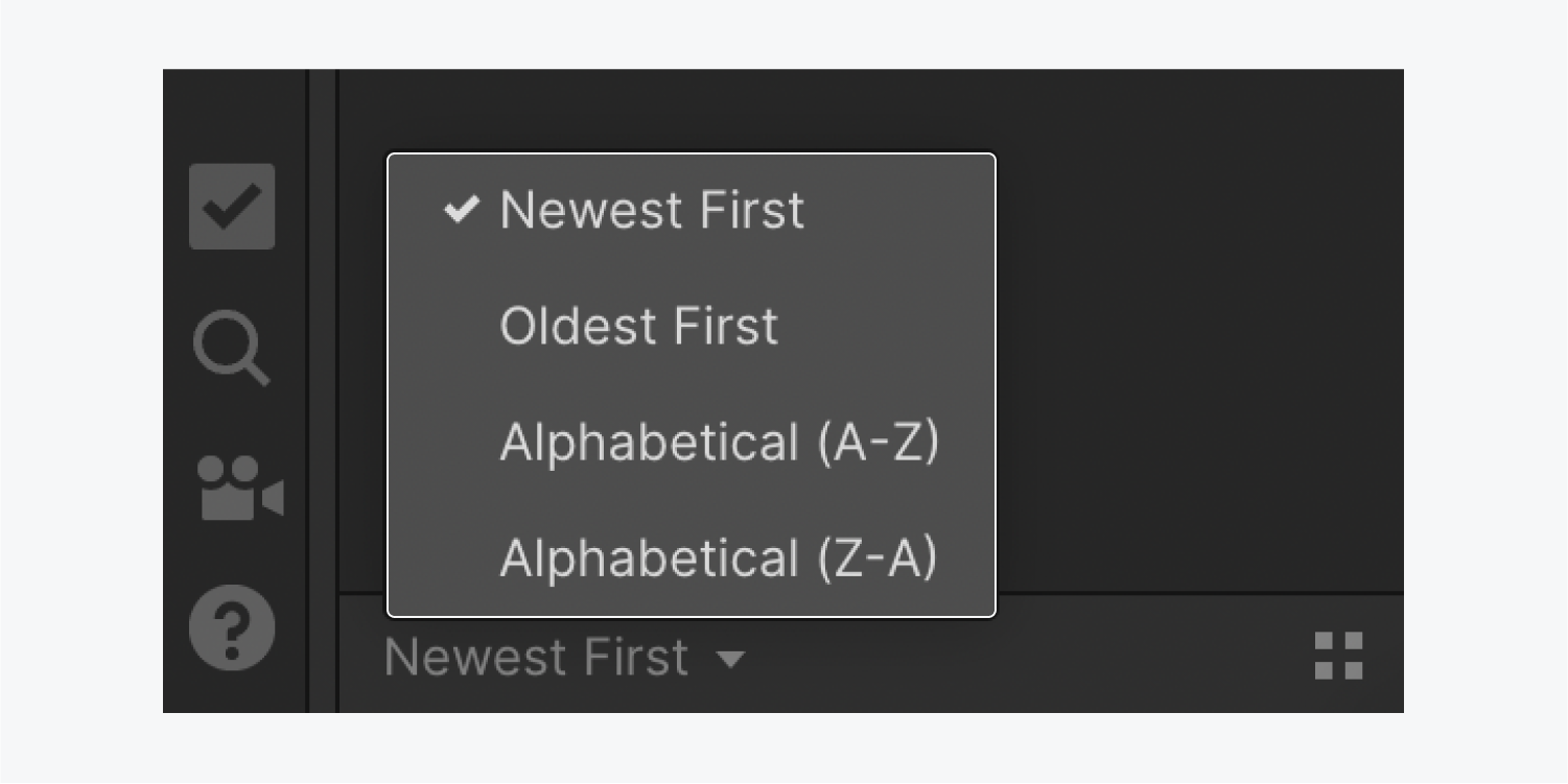 The sorting assets dropdown is highlighted in the Assets panel. The 4 options are “Newest first,” “Oldest first,” “Alphabetical (A-Z),” and “Alphabetical (Z-A).”