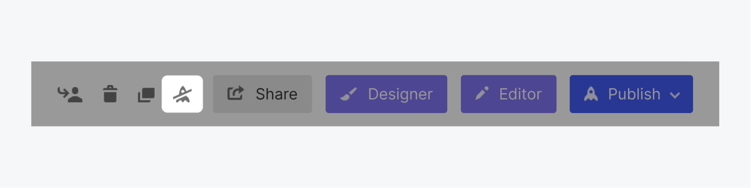 The toolbar in the project settings includes icons for transfer, delete, duplicate and unpublish (highlighted). To the right of the icons are buttons for share, designer, editor and publish. 