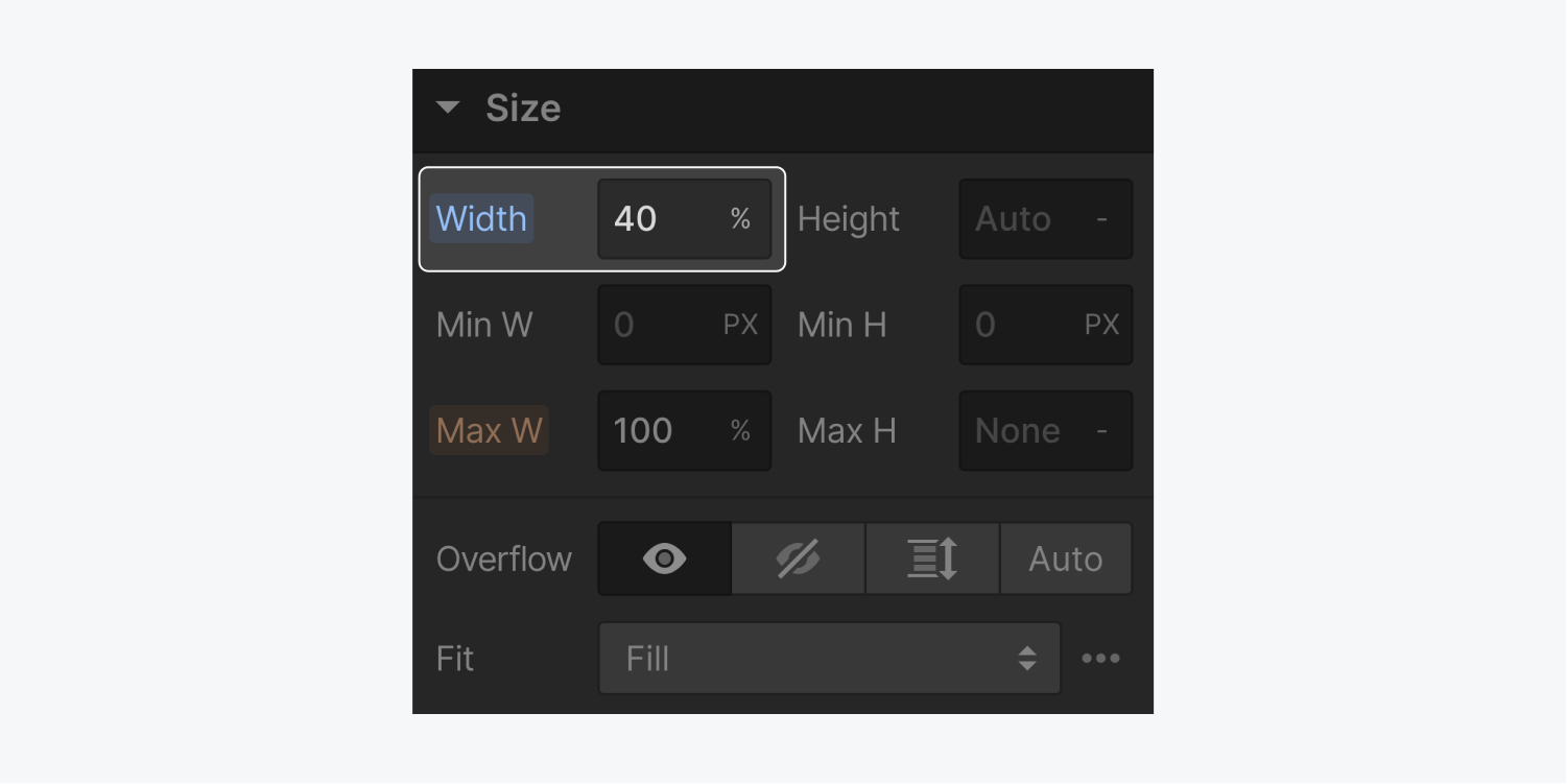 The width settings are set to 40 percent. The percentage option has been chosen opposed to the pixels setting. The width settings are highlighted on the Size panel.