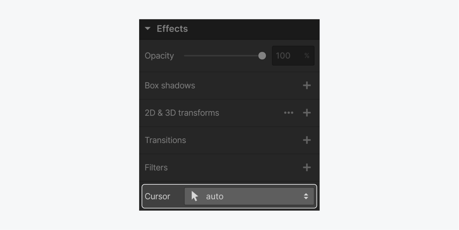 The cursor settings of the effects section is highlighted. The opacity, box shadows, 2D&3D transforms, transitions and filters effects are also in view.