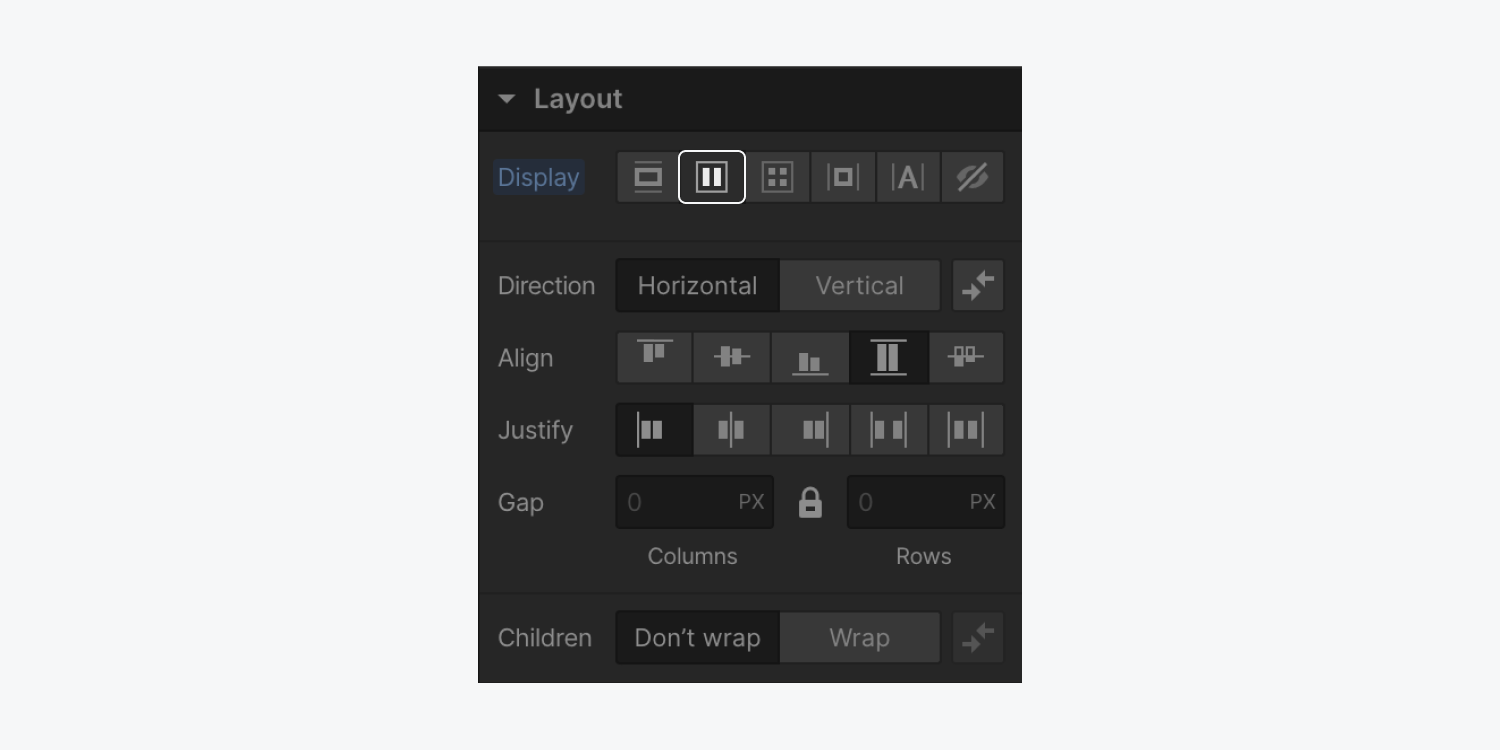 The flexbox display option is highlighted in the Layout section of the Style panel.