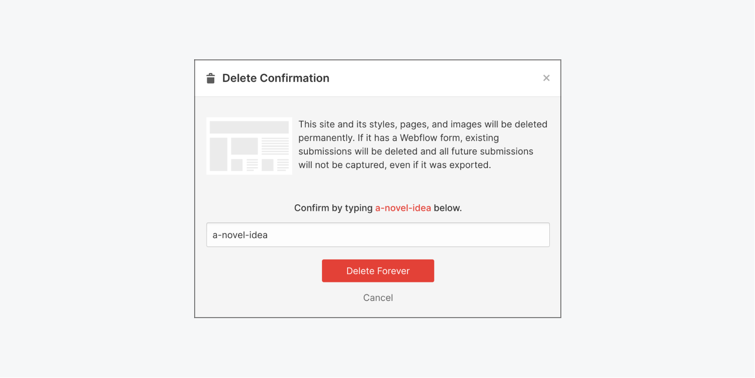 The delete a site confirmation modal is shown.