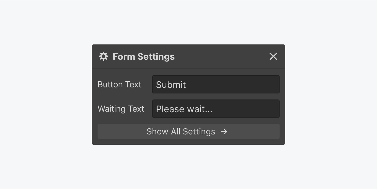 Form settings for the Submit button. The default button text is “Submit” and the default waiting text is “Please wait…”