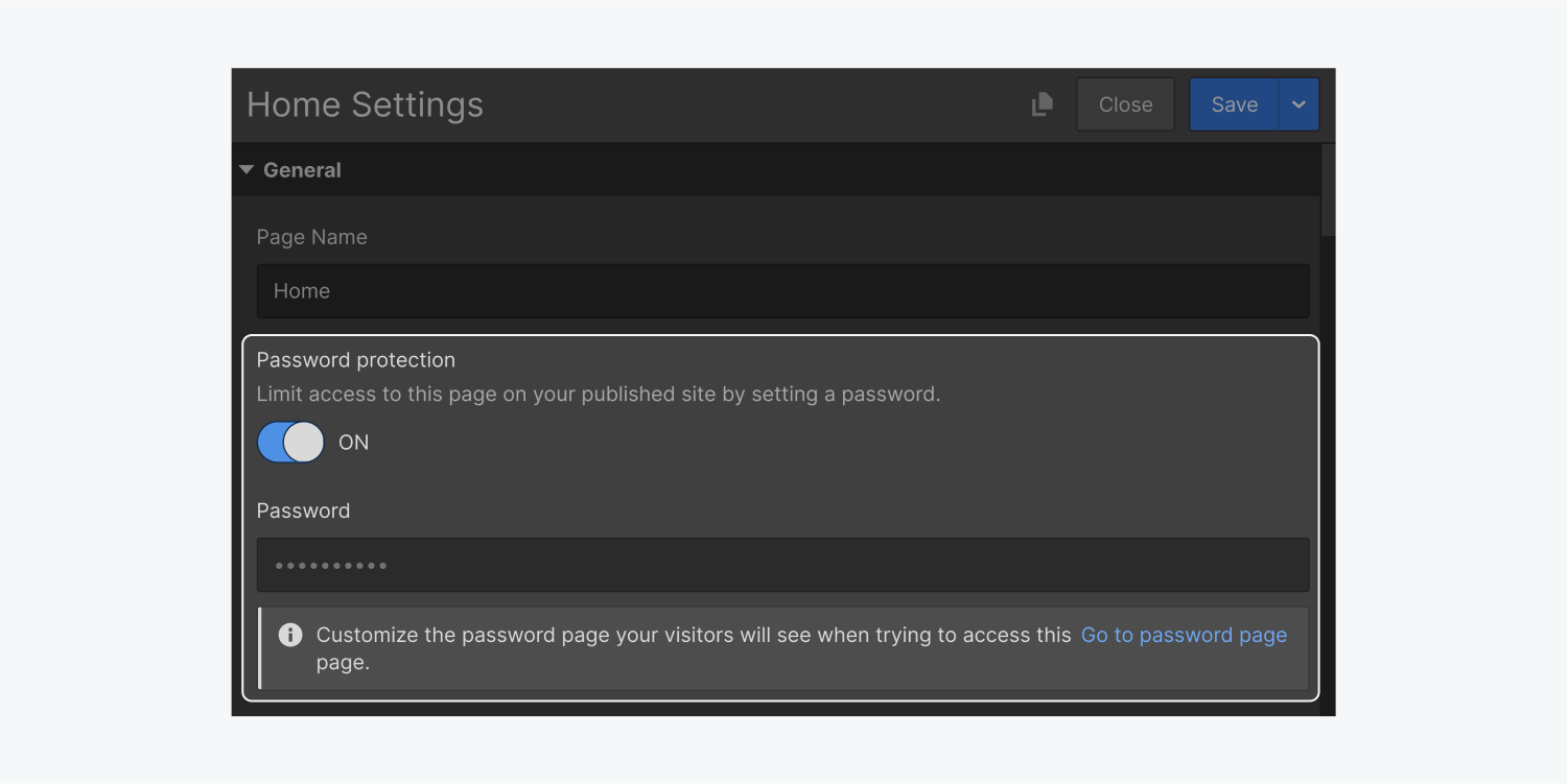 The page settings panel includes a general section with a page name input field, password protection on/off switch and a text input field for a password. The password protection area is highlighted.