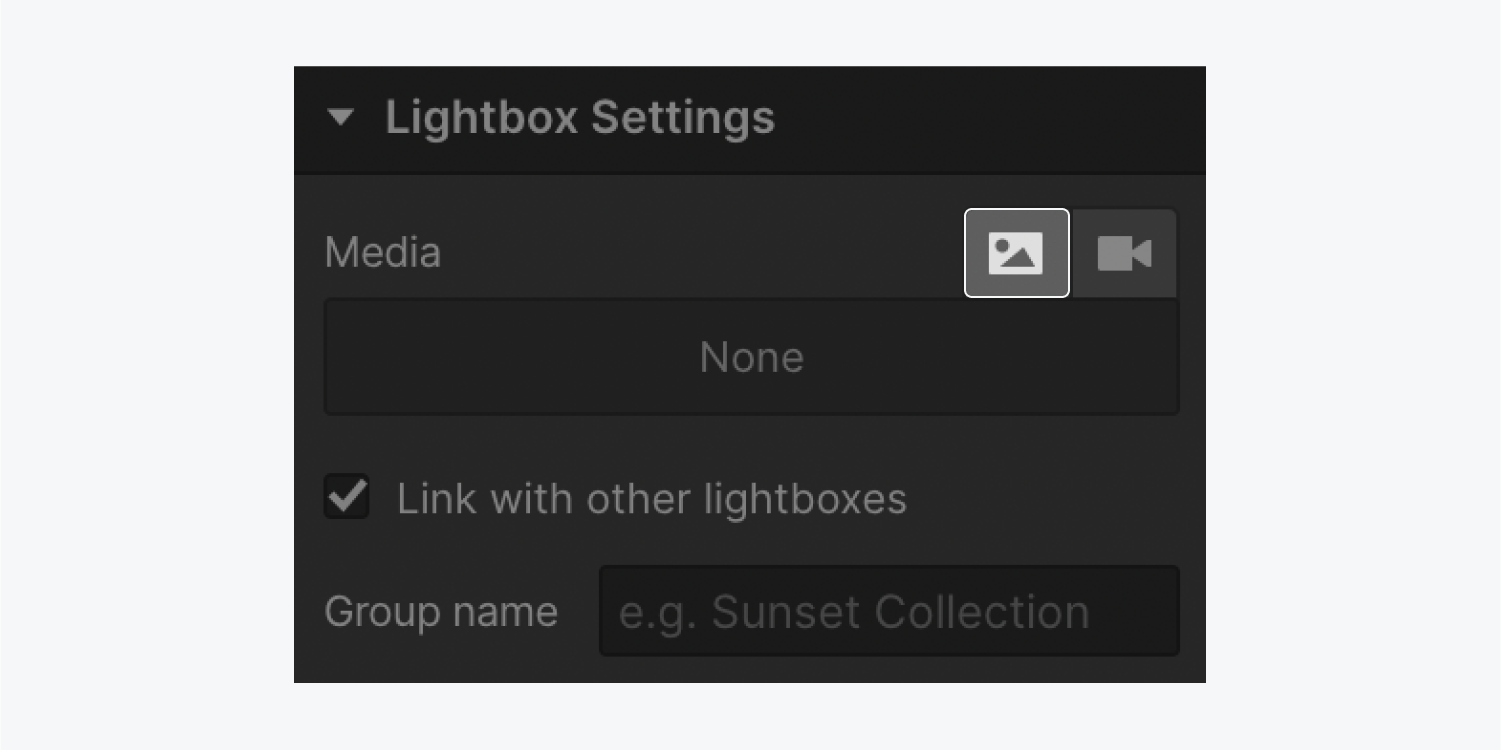 The “Add image” button is highlighted in the Media section in Lightbox settings.