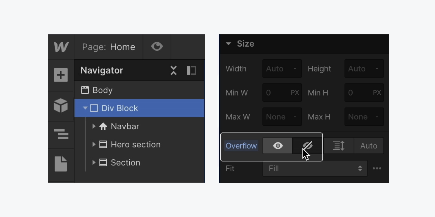 A Div block holding all a page’s contents is highlighted and set to Overflow: hidden. 