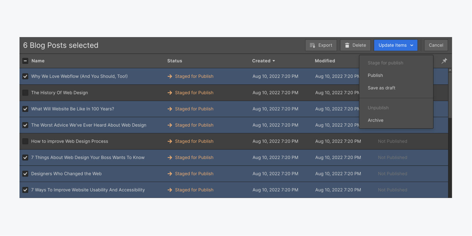 The top action bar in a CMS collection displays actions that can be performed on multiple selected CMS items, including Export, Delete, and Update items. Update items shows a dropdown menu with options to Stage for publish, Publish, Save as draft, Unpublish, or Archive.