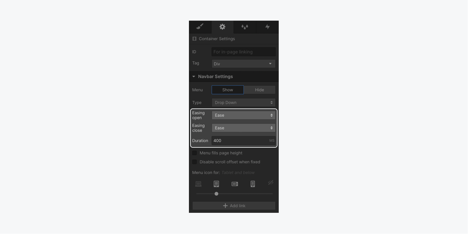 In the Navbar Settings section of the Settings panel, menu easing options are shown for menu open, menu close, and ease duration.