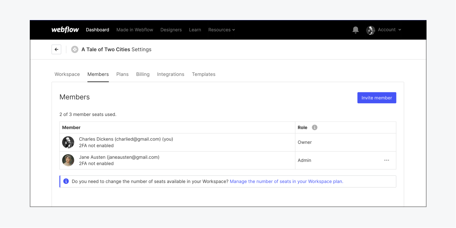 The settings in the Members tab of a Workspace’s settings are shown.