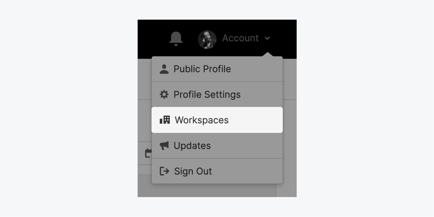 The account dropdown menu is opened up and the Workspaces link is highlighted. 