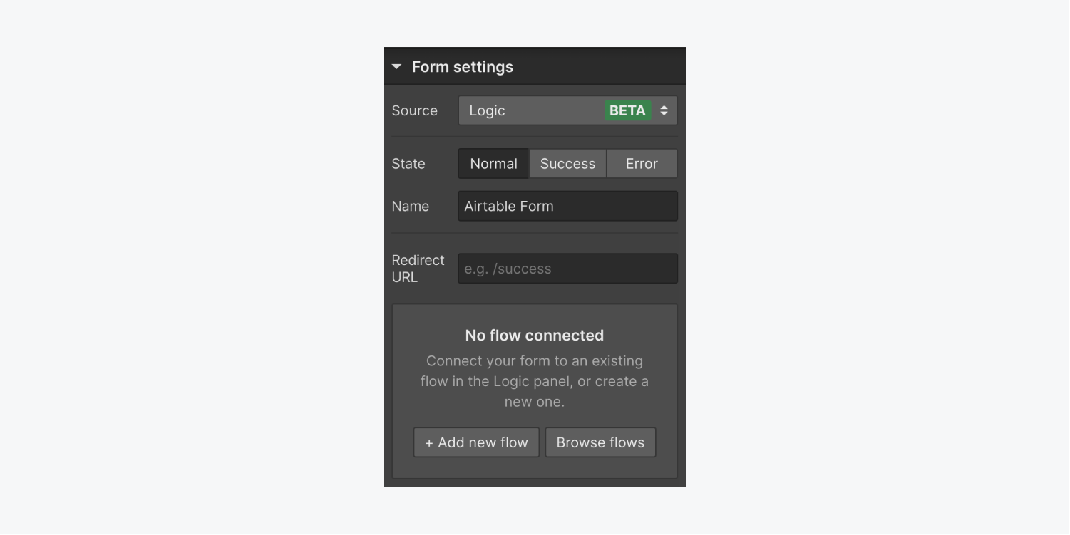 Options to Add a new flow or Browse flows appear in Form settings when Logic is selected as the source.